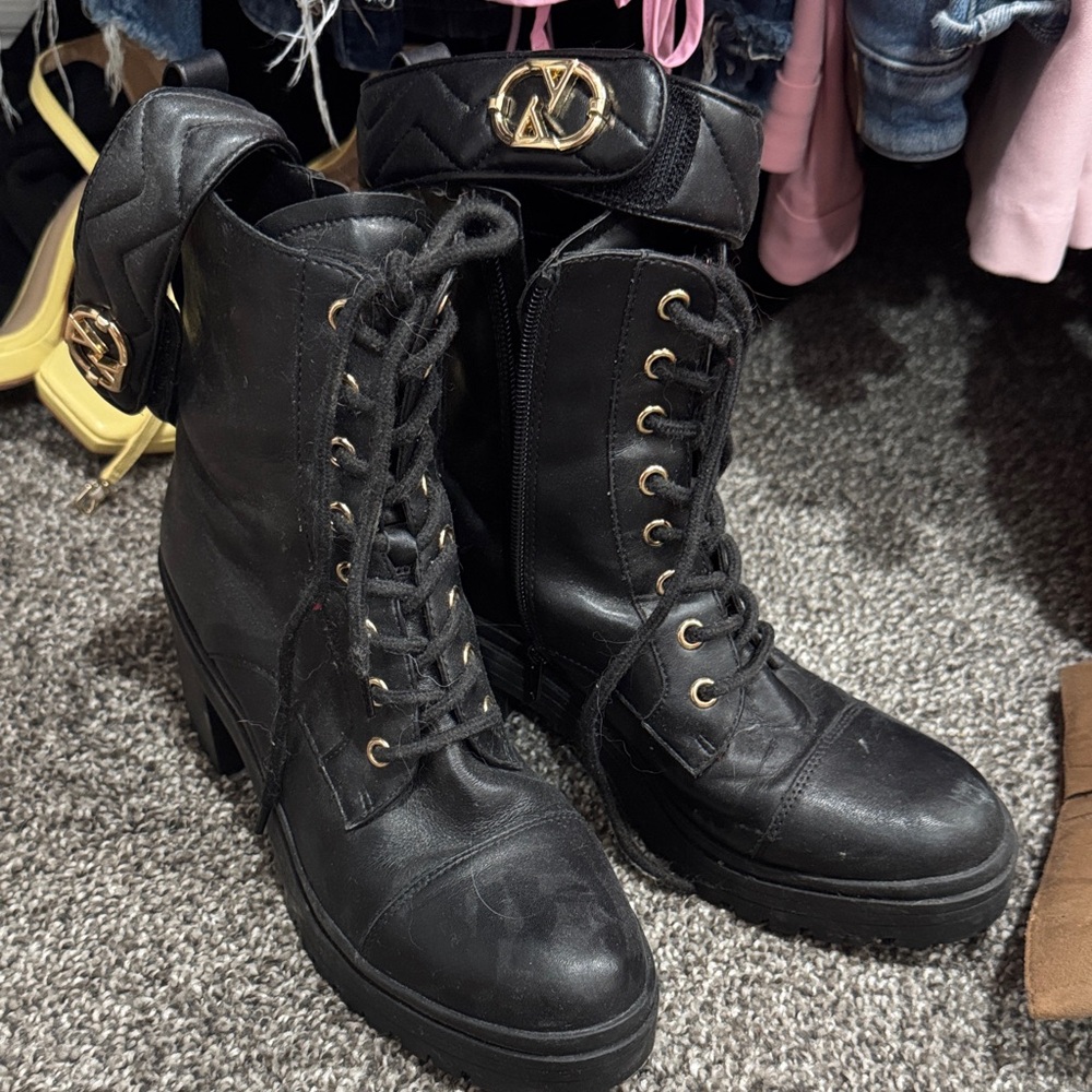 Aldo Black Quilted Lace-Up Ankle Boots with Gold Hardware